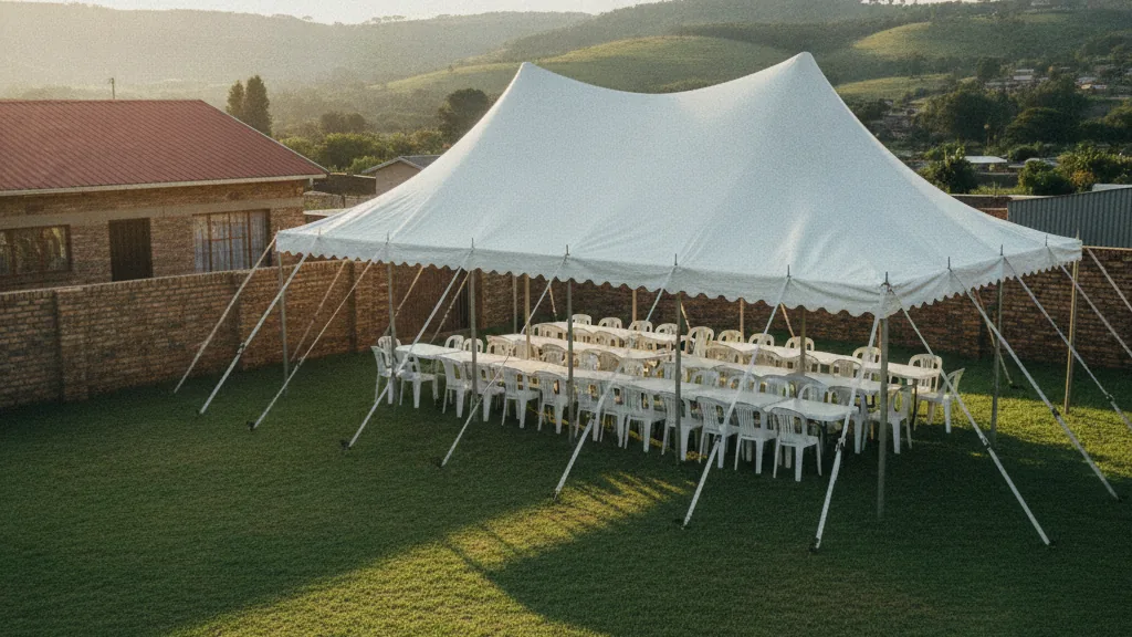 Peg-and-pole function tent with white chairs and tables in a walled Edendale township yard on a green hillside at golden hour