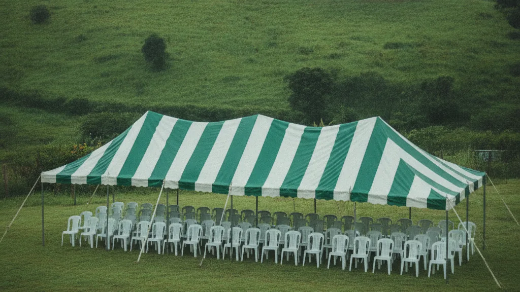 Green and white striped funeral tent with rows of white plastic chairs in a Pietermaritzburg township yard