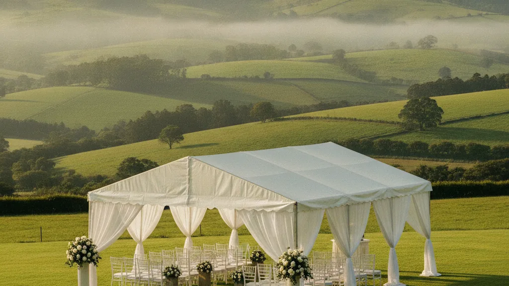 Elegant white marquee on a country estate lawn with rolling misty Midlands hills behind near Howick