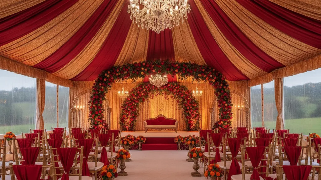 Red and gold draped wedding marquee interior with a floral stage and Tiffany chairs for a Northdale function