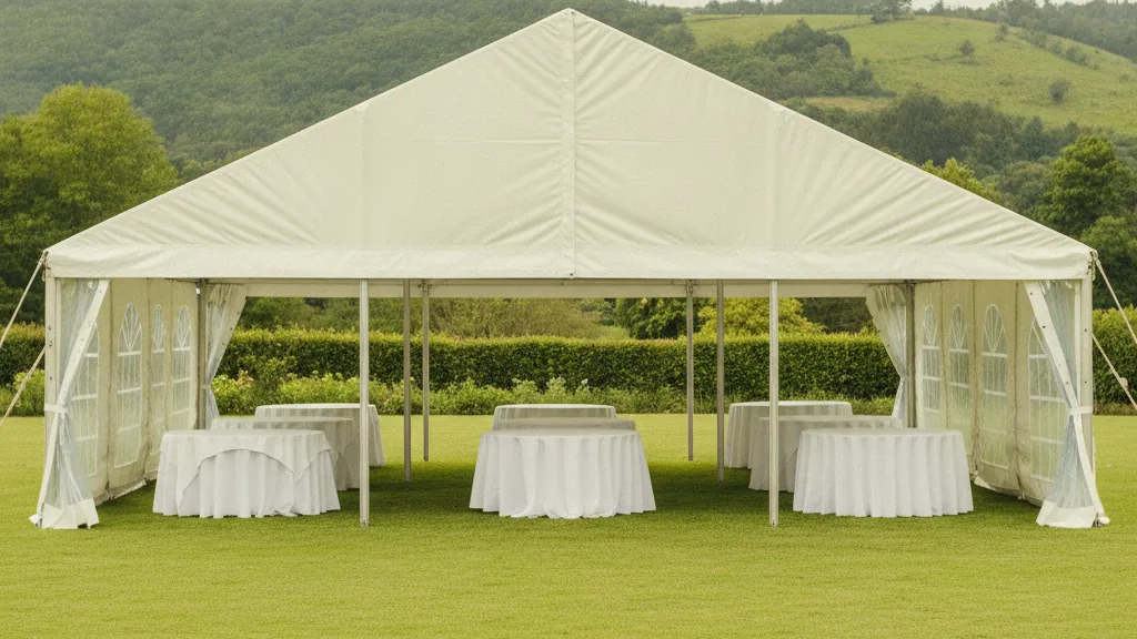 White frame marquee with round tables and white linen on a green Pietermaritzburg garden lawn